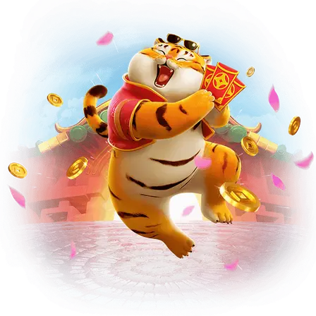 Mascote oficial do Fortune Tiger saltando com envelopes vermelhos na pata, em arte da PG Soft.
