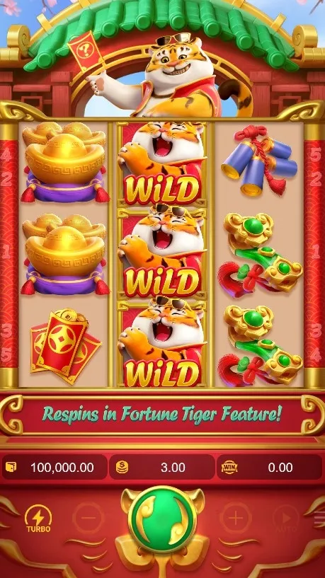 Grade 3x3 do Fortune Tiger em modo demonstração com saldo fictício de 100.000 e símbolos WILD na coluna central.