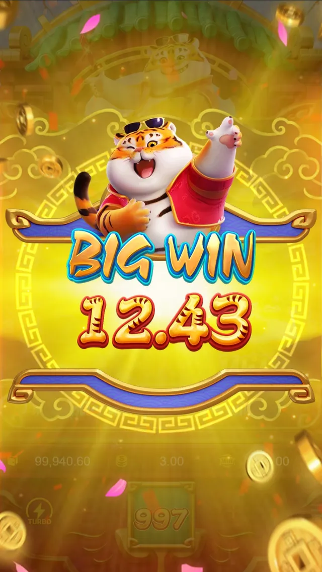 Tela de Big Win do Fortune Tiger com o tigre comemorando sobre o valor 12.43 em letras douradas.