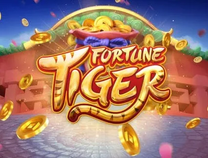 Arte de vitrine do Fortune Tiger com o letreiro dourado do jogo cercado de moedas.